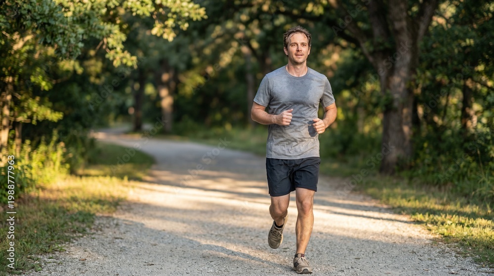 Obraz premium Adult Caucasian man with a focused mood jogging against a sunlit nature trail background