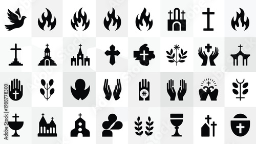 Modern black and white vector icons depicting religious symbols spirituality and faith elements in minimalist design style