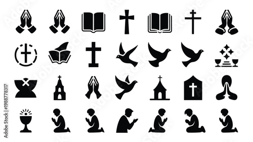 Minimalist icon set showcasing religious symbols praying figures and holy objects in black and white vector style