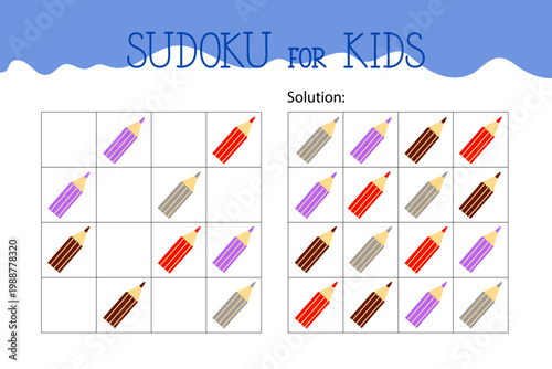 Colour pencils school stationary objects sudoku educational game or leisure activity worksheet illustration, printable grid to fill in missing images, winter, puzzle with solution, teacher resources