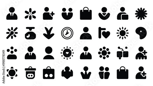 Collection of 30 minimalist black silhouette icons symbolizing people relationships and business concepts arranged in a grid