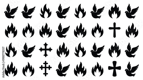 Bold black dove and flame icons paired with cross symbols in a clean grid layout for modern religious and spiritual designs
