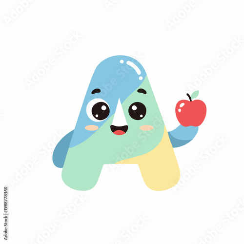 Cute Cartoon Letter A Character Holding Red Apple for Kids Education Vector Illustration