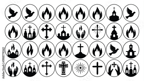 Black and white vector icons of religious symbols including crosses doves flames and crowns in circular frames