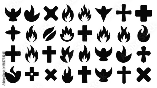 Black and white stencil style icons featuring silhouettes of crosses fire flames and silhouetted birds in flight arranged in a grid layout for versatile design use