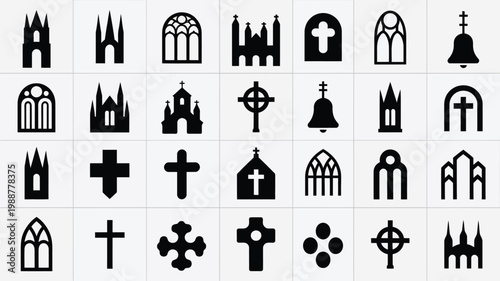 Black and white grid layout showcasing thirty minimalist gothic symbols and architectural icons including crosses cathedrals windows and arches