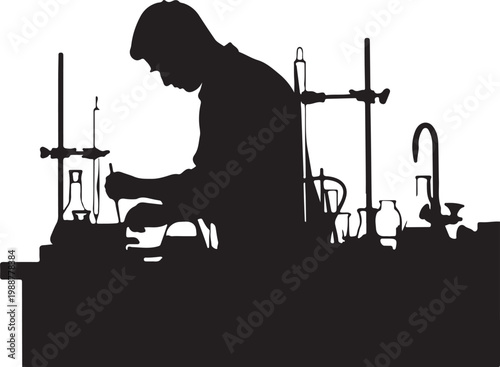 Scientist Silhouette Working in Laboratory With Equipment, Chemistry Research and Science Experiment Concept