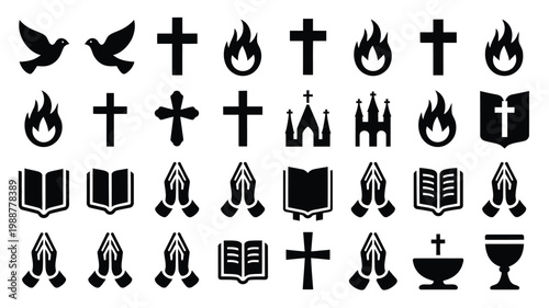 Black and white religious icons featuring crosses flames praying hands books doves and chalices in minimalist style