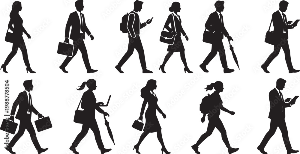 Fototapeta premium Set of black vector silhouettes featuring various business professionals and students walking with briefcases laptops and backpacks representing city commuting and daily work life