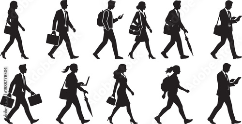 Set of black vector silhouettes featuring various business professionals and students walking with briefcases laptops and backpacks representing city commuting and daily work life