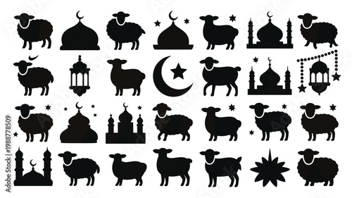 Hand drawn silhouettes of sheep crescent moons stars and islamic symbols in a minimalist black style for cultural themes