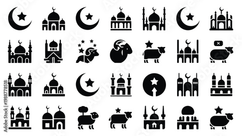 Geometric silhouette icons featuring mosques crescents stars and animals in minimalist black design for eid celebrations