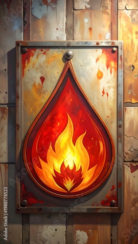 Fiery emblem mounted on a weathered, rusty metallic surface