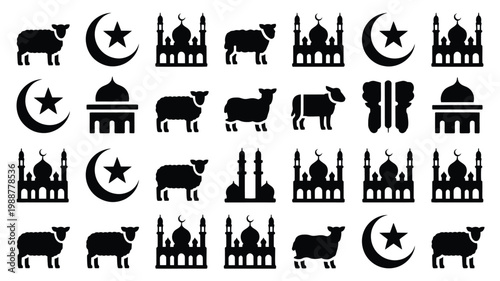 Black stencil style silhouette icons featuring crescents stars camels sheep and mosques for eid celebrations isolated on white