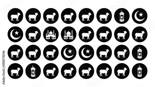 Bold black and white circular icons of crescent moons stars and goats symbolizing eid al adha celebration arranged in neat grid pattern