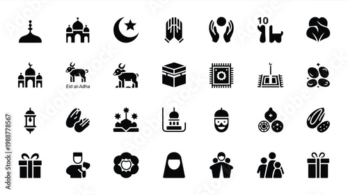 Clean vector illustration set featuring flat design icons of cultural and religious symbols festivals and traditions for ramadan eid and islamic themes