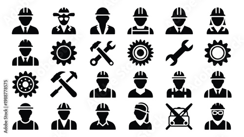 Fotografi Collection of bold black glyph icons showcasing various workers in hard hats too