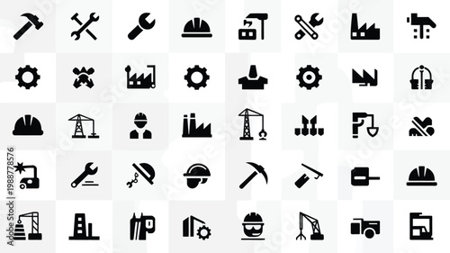 Modern vector icons showcasing construction tools machinery and industrial symbols in a minimalist style black and white design