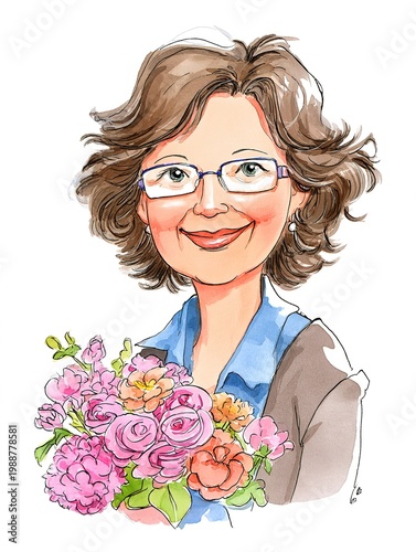 Watercolor caricature of smiling woman with glasses holding bouquet of pink flowers drawn in illustration style on white background