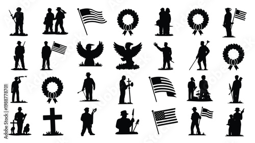 Silhouettes of soldiers flags wreaths and patriotic symbols in a hand drawn style honoring military service and remembrance