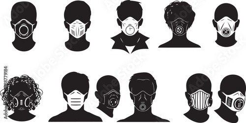 Set of Ten Black Silhouettes People Wearing Various Protective Face Masks and Respirators - Different Mask Types Vector Collection on White Background