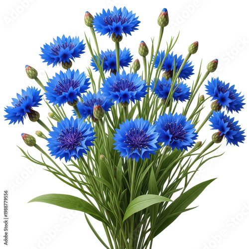 Fresh bunch of vibrant blue cornflowers with stems isolated on transparent background
