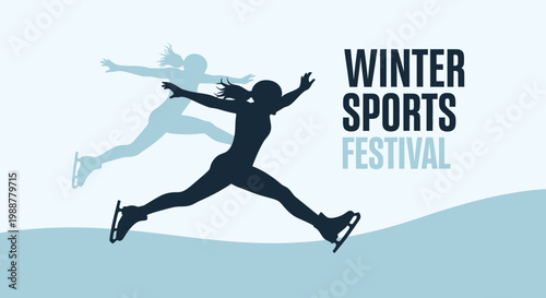 Winter Sports Festival Poster Featuring Figure Skater Silhouette in Dynamic Pose