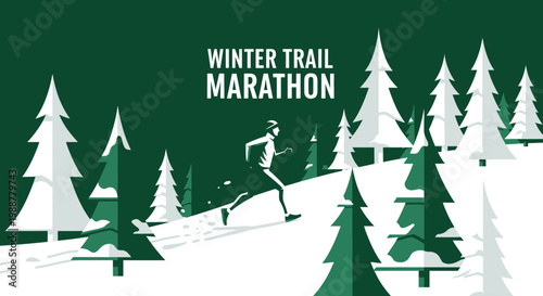 Winter Trail Marathon Illustration Depicting Athlete Running Amidst Evergreen Spruce Trees