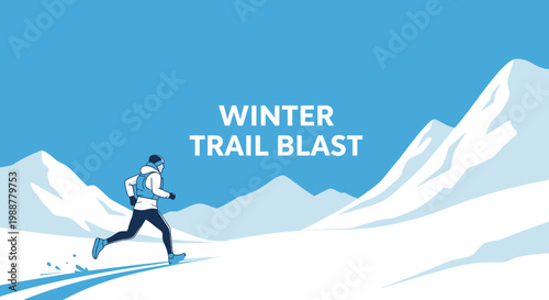 Winter Trail Runner Silhouetted on Snow in Front Of Mountain Range, Exercise Concept