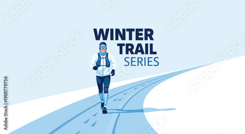 Winter Trail Series Illustration of Athlete Running in Snowy Terrain, Race Event Concept