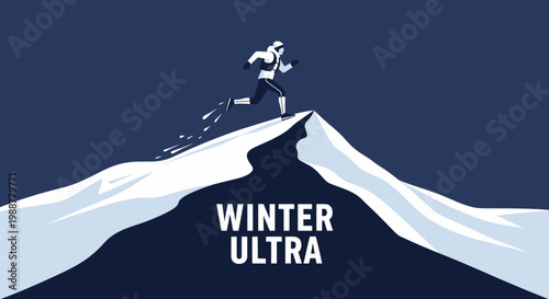 Winter Ultra Runner Ascending Snowy Mountain Peak, Endurance Trail Running Challenge