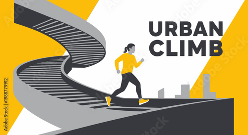 Woman Ascends Spiraling Staircase, Urban Run, Modern Cityscape Conceptual Illustration