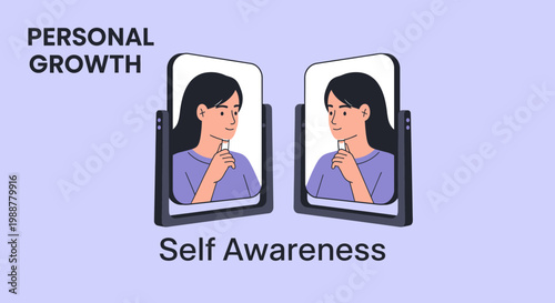 Woman Evaluating Self Through Mirror Reflection, Concept of Personal Development and Self Awareness