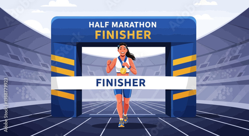 Woman Embracing Triumph After Half Marathon Victory Under Finishing Archway