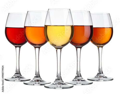 Assorted wine glasses in a row: red, white, and rosé tasting set