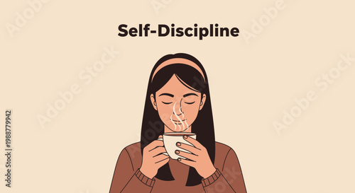 Woman Enjoying Coffee While Practicing Self-Discipline, Relaxing Quiet Time And Solitude