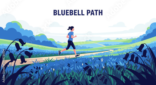 Woman Jogging on Path Through Meadow Blooming with Bluebells in a Scenic Landscape