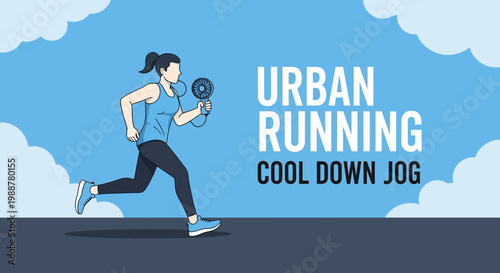 Woman Jogging With Fan Depicting Urban Running And Personal Cooling in the City