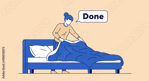 Woman Makes The Bed And Signifies Completion With Text Bubble Saying Done, Minimalism