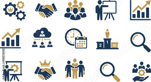 Professional business icons set featuring leadership, teamwork, growth charts, handshake, strategy, management, time planning, data analysis, marketing, human resources, and success.