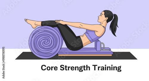Woman Practicing Core Strength Exercise With Equipment on Violet Background