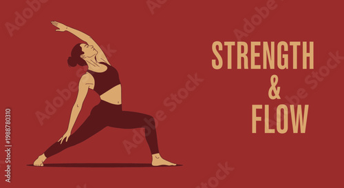 Woman Practicing Yoga Pose with The Words Strength And Flow Over Solid Red Background