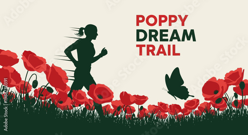 Woman Runner on Poppy Dream Trail in Nature with Butterfly and Flowers Silhouette