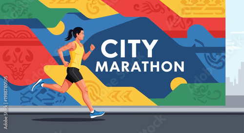 Woman Running In City Marathon With Colorful Abstract Background Digital Illustration Graphic