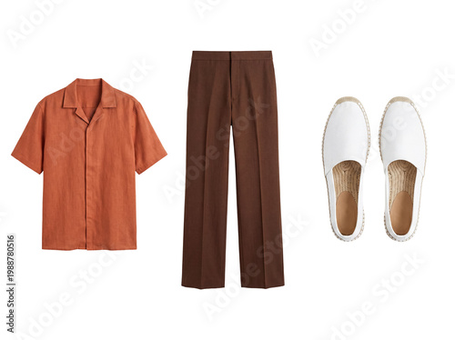 Photos Fashionable men's summer outfit flat lay with terracotta collared shirt, brown trousers, and white espadrilles