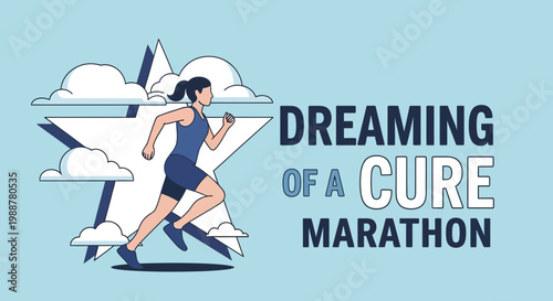 Woman Running in Marathon for a Cure with Star and Clouds Artwork Illustration