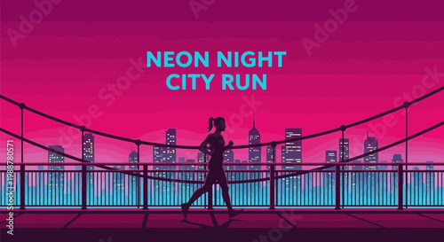 Woman Running Through The City At Night Underneath A Vibrant, Neon Evening Sky