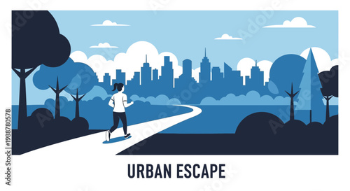Woman Running Towards City Skyline In A Blue And White Illustration