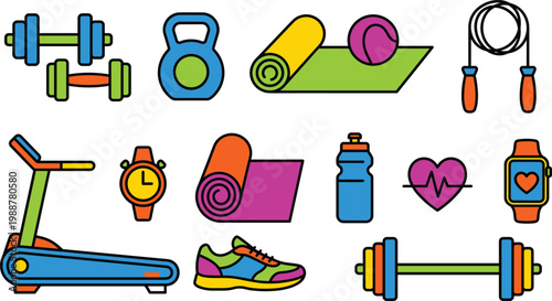Fitness and Gym Equipment Collection Featuring Treadmill, Dumbbells, Kettlebell, Yoga Mat, Jump Rope, Water Bottle, Heart Rate, and Sports Watch.