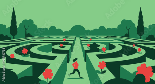 Woman Runs Through a Labyrinth, Finding Her Way in the Green Maze Environment.
